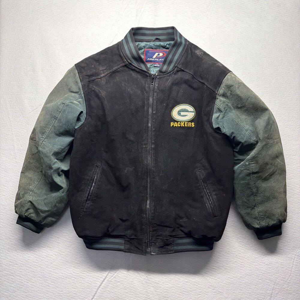 Vintage 90s Pro Player Green Bay Packers Suede Leather Jacket Quilt Lined Mens M